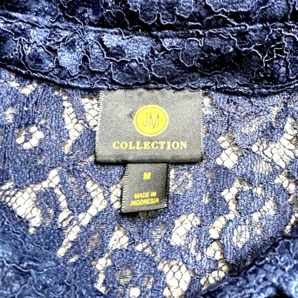 JM Collection Navy Lace Button Front Blouse Womens Sz M Lined Romantic Layering - Picture 5 of 6